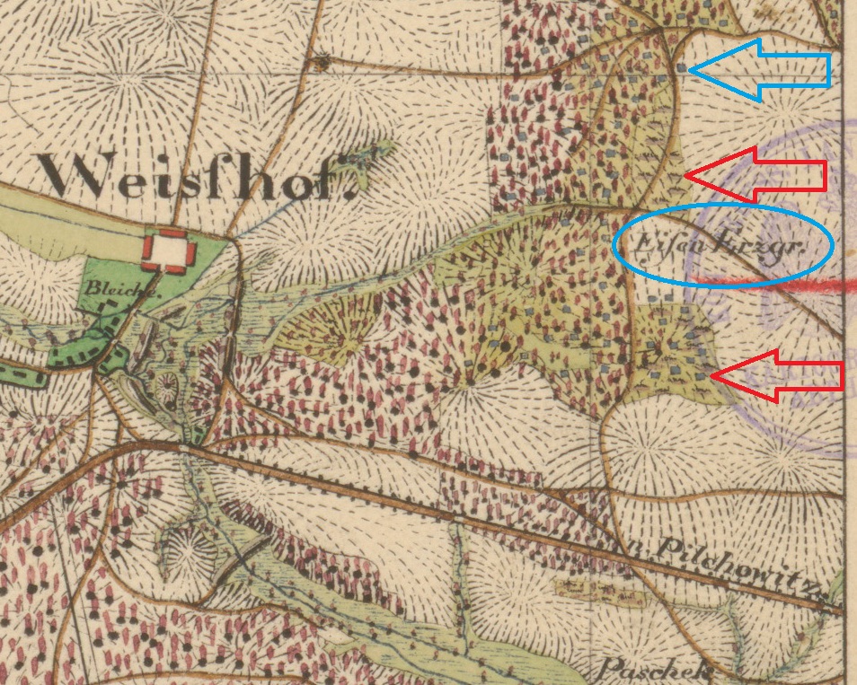 Biały Dwór na mapie z atlasu "Krieges-Carte von Schlesien" sporządzonym przez Christiana von Wrede. Kołem zaznaczono Zawadę, strzałki wskazują szyby po eksploatacji rudy żelaza. (fot arch. Jan Gąsior)